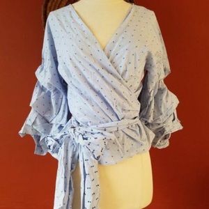 ZARA LIGHT BLUE PLEATED BLOUSE WITH BOW BELT WRAP